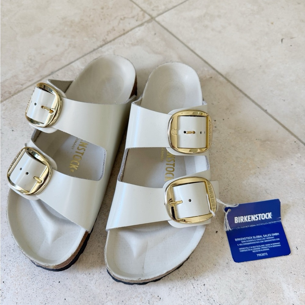 Birkenstock Cream Sandals with Gold Buckles